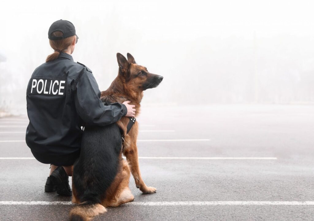 A policewoman squatting petting a police dog. Representing how one can benefit from calling a Portland criminal defense attorney.