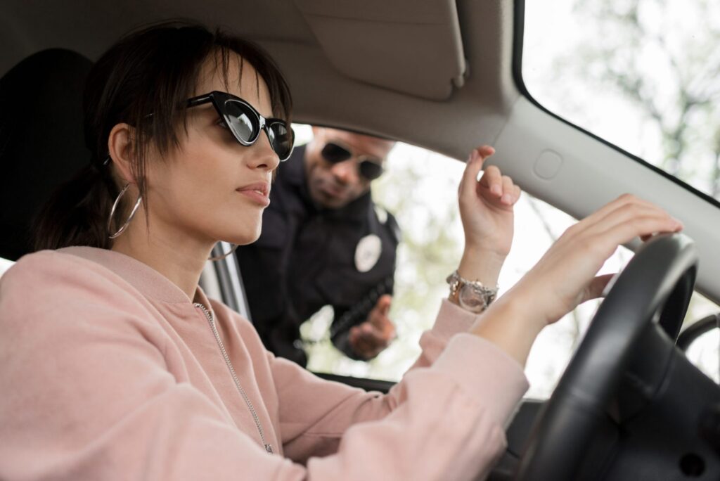 A woman inside her car and a police officer talking to her from the window, representing how one can benefit from calling a Portland criminal defense lawyer.