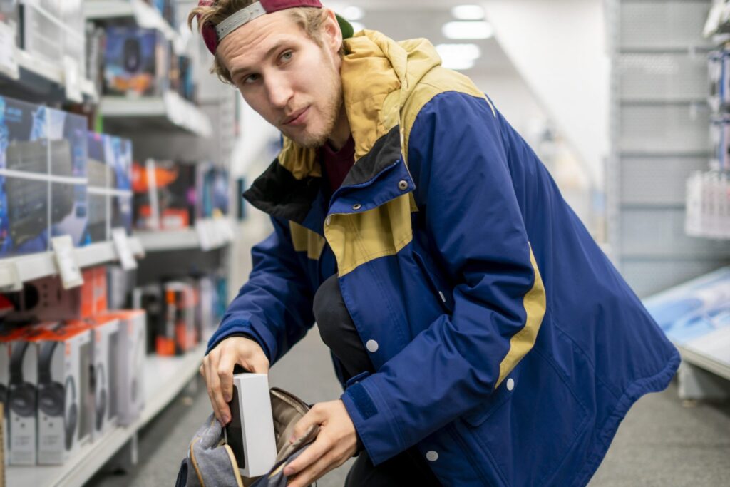 A man putting a package from a shelve in his bag without paying, representing how one can benefit from calling a Portland criminal defense lawyer.